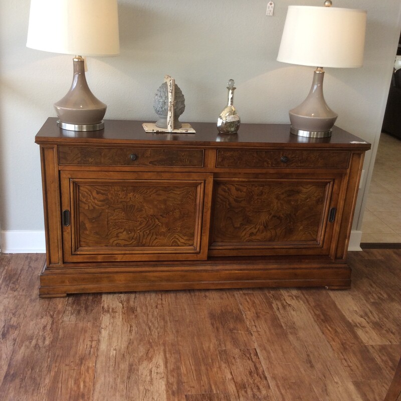 Ethan Allen burlwood veneer sideboard with pair f dovetailed drawers over sliding cabinet doors. Size: 65x19x34
