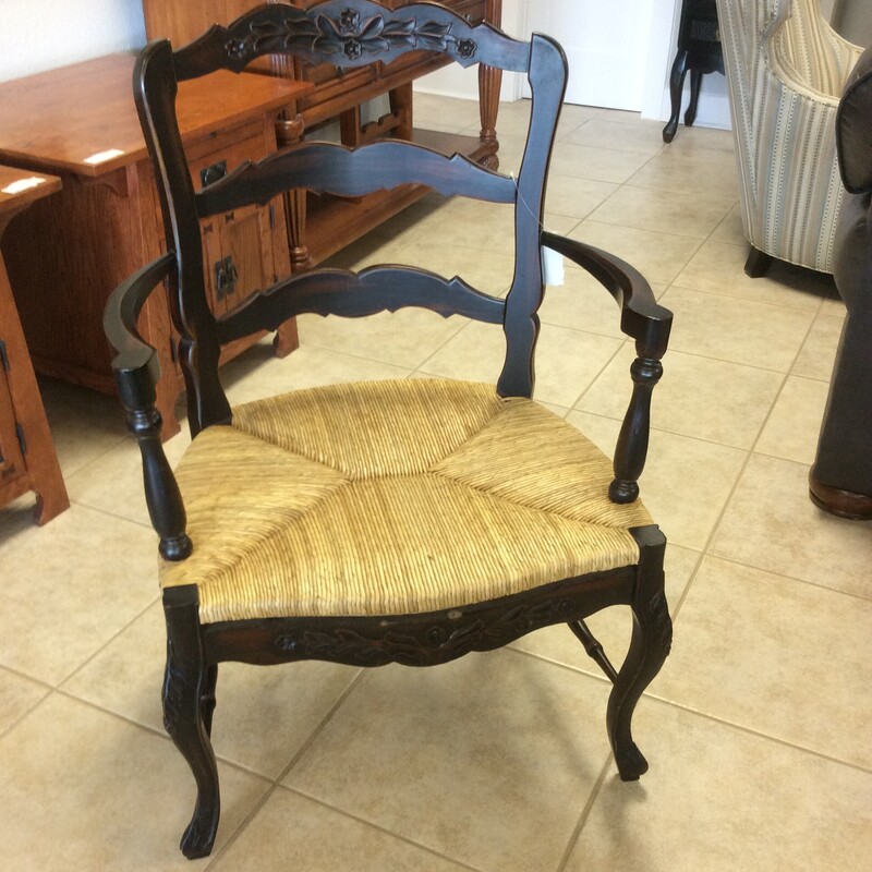 Country French Chair, Hand woven rush seat and intricate wood carving in an antiqued blackwash finish.  Size: None
