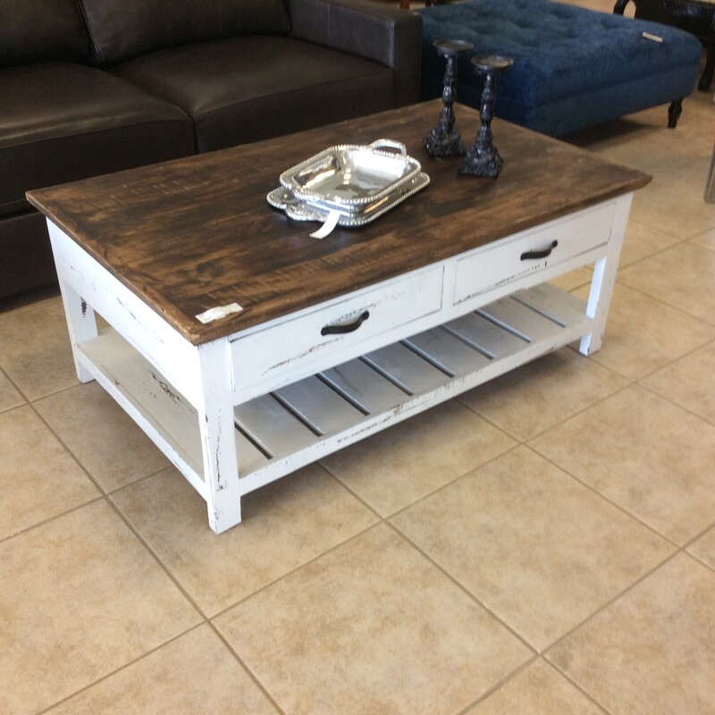 Beautiful farmhouse style that features a white finish with a dark top. Size: 50x30x20