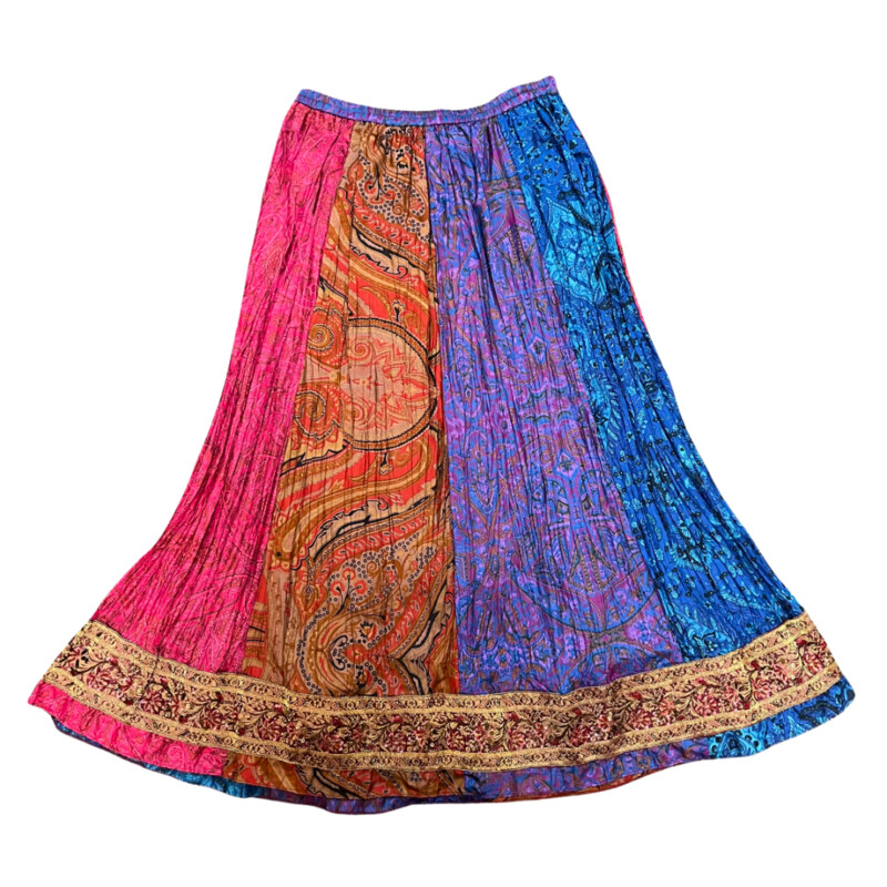 Chicos Boho Maxi Skirt<br />
100% Silk<br />
Bead and Sequin Detail<br />
Gorgeous Ribbon Banding<br />
Jewel Tones<br />
Size: Large