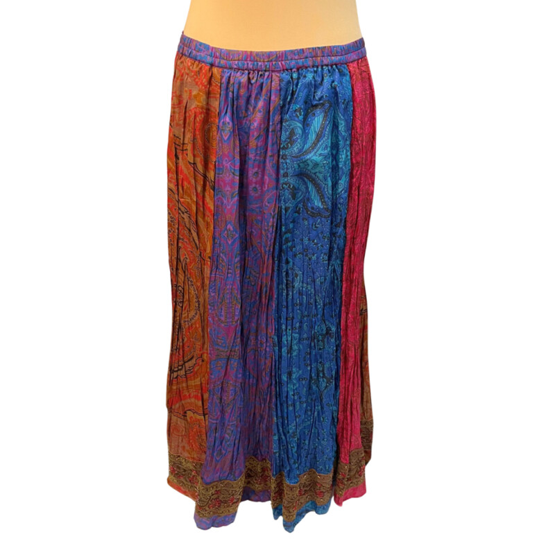 Chicos Boho Maxi Skirt<br />
100% Silk<br />
Bead and Sequin Detail<br />
Gorgeous Ribbon Banding<br />
Jewel Tones<br />
Size: Large