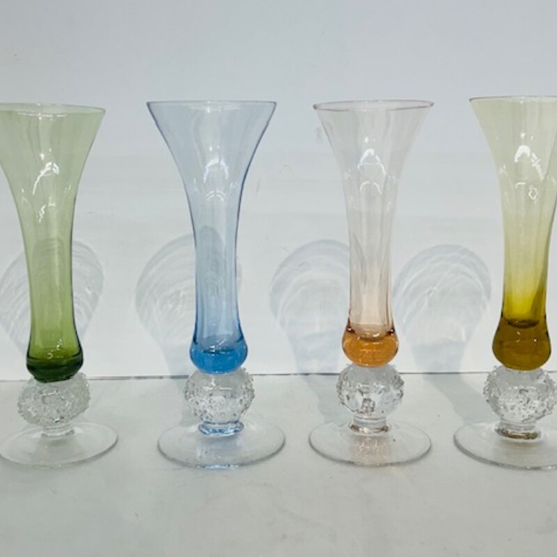 Set of 4 Vintage Glass Ice Ball Champagne Flutes
Blue Amber Green Pink Clear Size: 2.5 x 7H