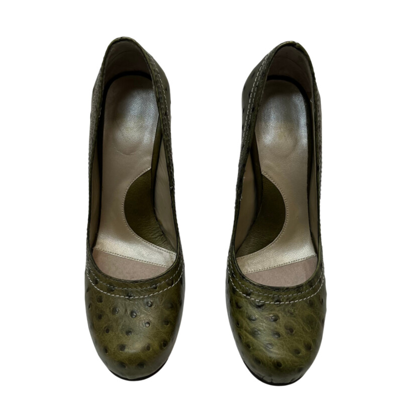 John Fleuvog Olive Ostrich Heels
Classic Fleuvog Heel
Color:  Olive
Size: 6.5