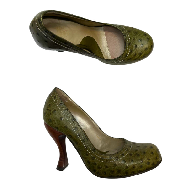 John Fleuvog Olive Ostrich Heels<br />
Classic Fleuvog Heel<br />
Color:  Olive<br />
Size: 6.5