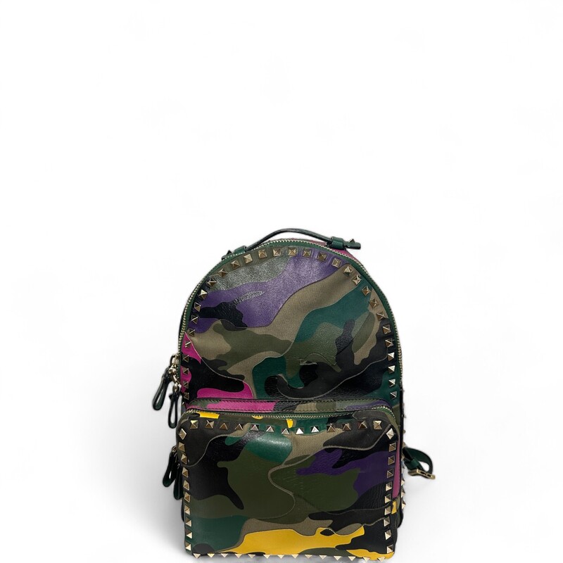 Valentino Camo Stud Backpack
 Multi Color  Camo
 Size: OS
Code:BL-J858THN2
Scratching on handels and inside shown in photos.