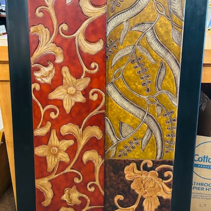 Pier1 Carve Wood Damask Wall Decor
 Brown, Red, Yellow
 Size: 26x46H