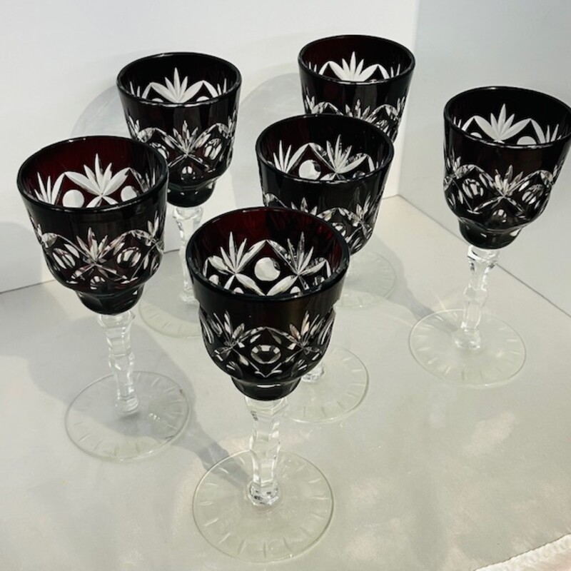 Set of 6 Bohemian Czech Cut to Clear Wine Glasses
Red Clear
Size: 3 x 7.5H