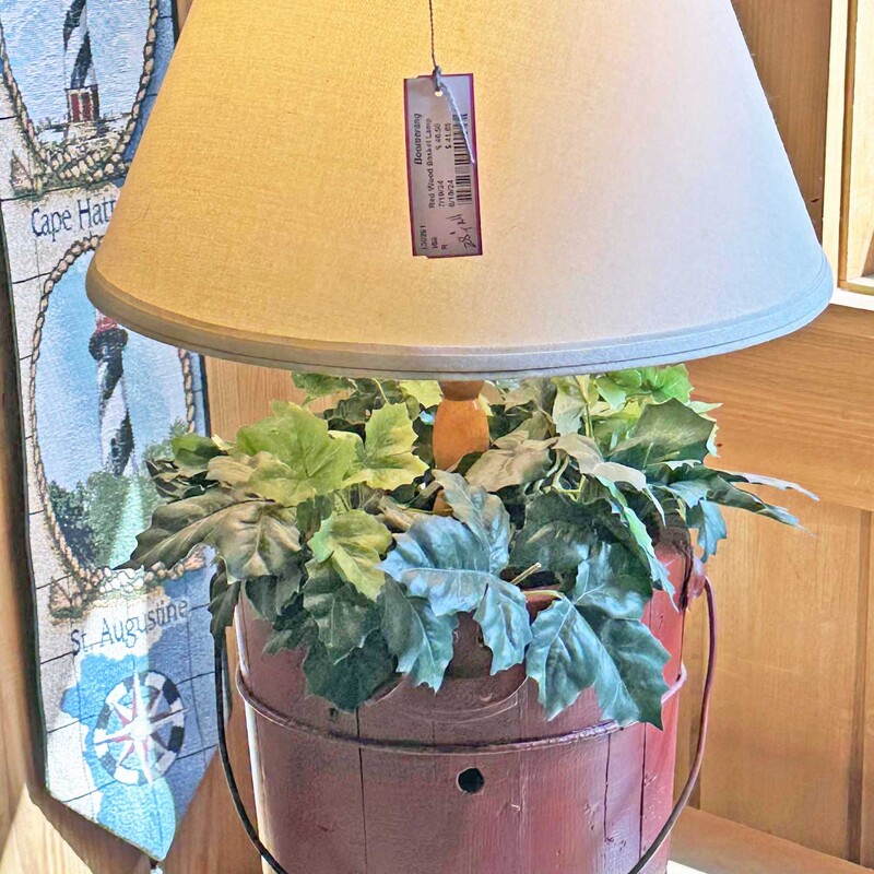 Red Wood Basket Lamp with Faux Greenery
28 In Tall.