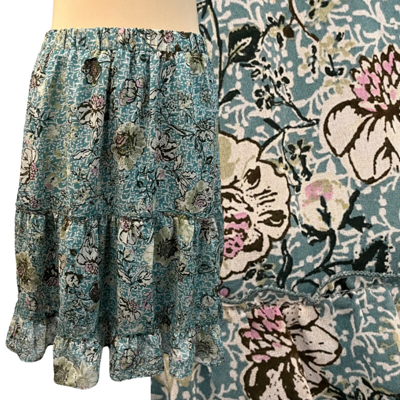 Mystree Top & Skirt Set<br />
Floral Print<br />
Colors: Teal, Cream, and Brown<br />
Size: Medium