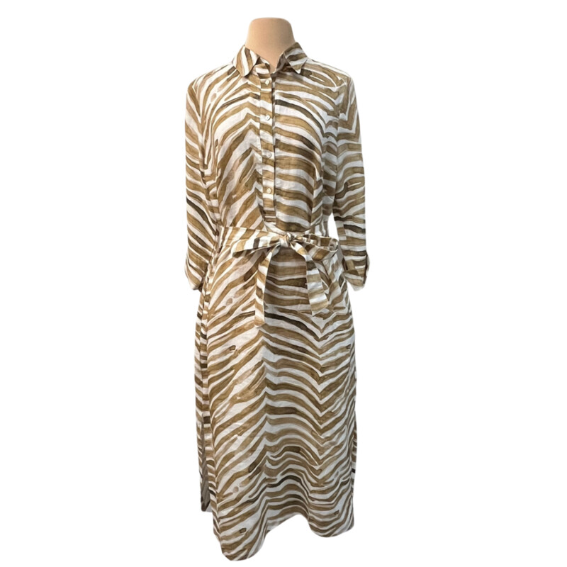 ILinen Animal Print Dress<br />
100% Linen<br />
With Belt<br />
White and Tan<br />
Amazing Dress!<br />
Size: Large