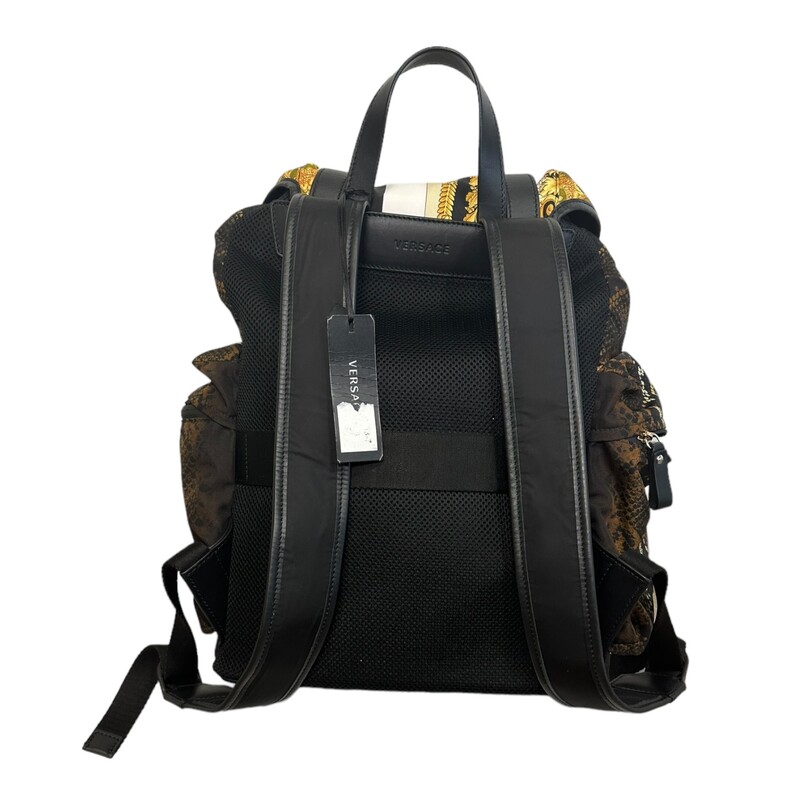 Versace Barocco Backpack<br />
Some discoloration and stains see pics<br />
Dimensions:<br />
Width:13 in<br />
Height:15.7 in<br />
Depth:7.3 in