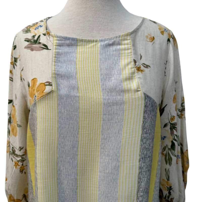 Oddy Striped & Floral Top
Colors:Yellow, Gray, Blue, Beige, Mocha, and Green
Size: Medium