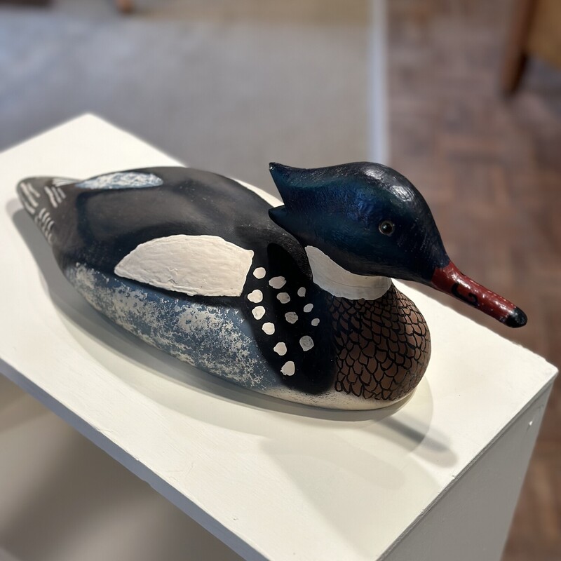Hand Painted Wood Duck<br />
Base Size:  13in x 5.5in.<br />
Vtg. wooden Merganser duck hand painted with<br />
glass eyes.  Nice and solid!