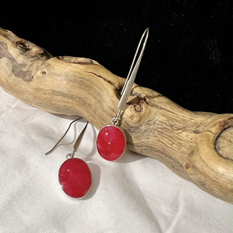 Silver Tone Red Oval drop earrings