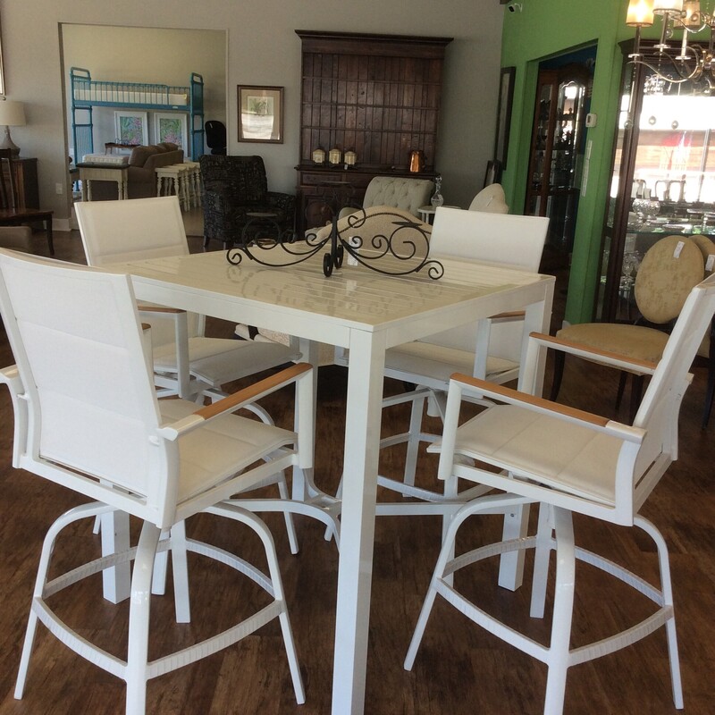 This counter height Patio Table and 4 Chairs has a high gloss white finish over aluminum.