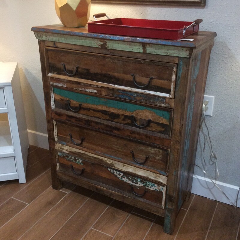 ThisRustic all wood Chest Of Drawers has a reclaimed painted finish with iron hardware.