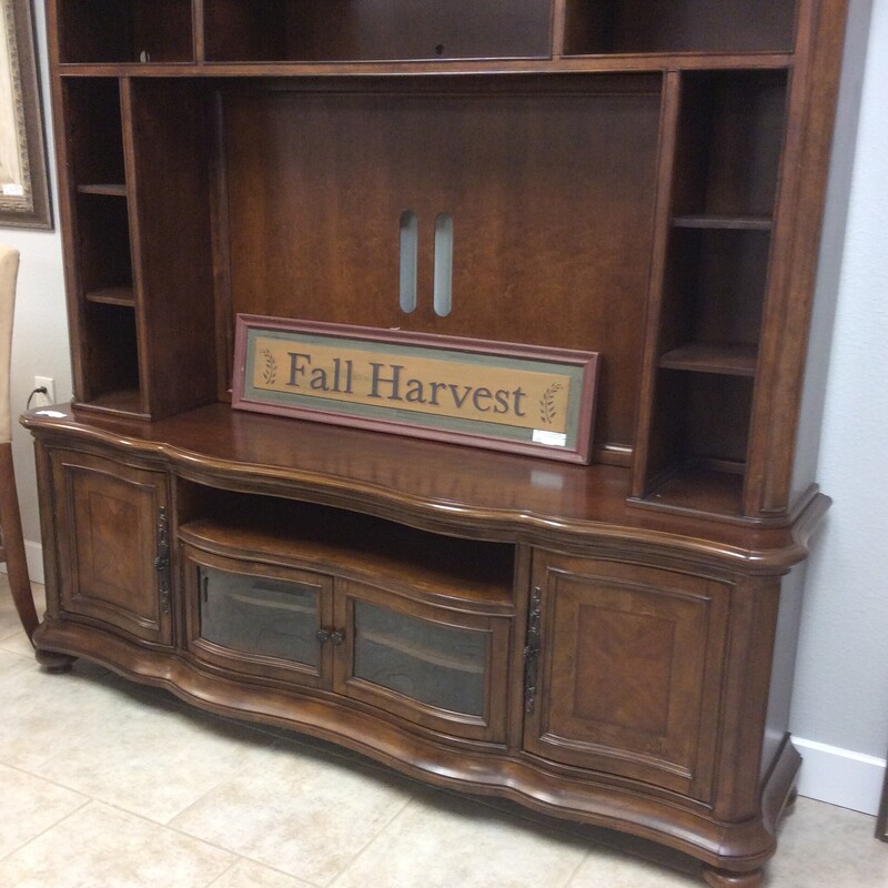 This  Entertainment unit is done in a dark cherry finish with storage above, below and on both sides.