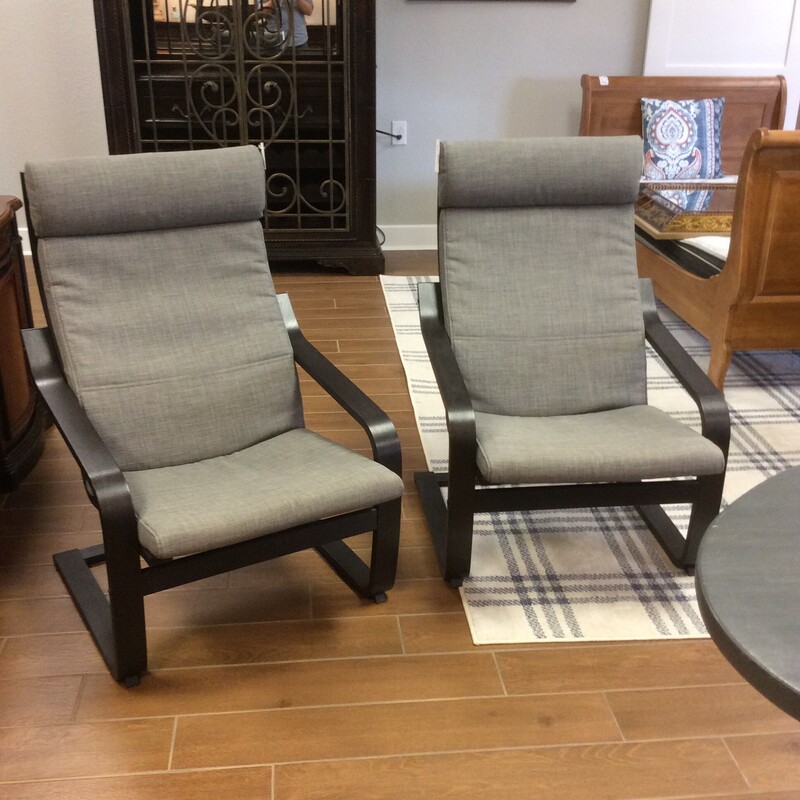 This pair of Bent Wood chairs have black wood frames with gray upholstery.