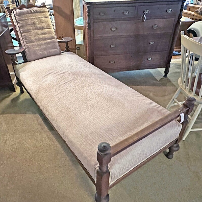 Upholstered Antique Wooden Chaise
Comes with Pillow and Roll of New Fabric
81 In Long x 33 In Wide x 39 In Tall.
