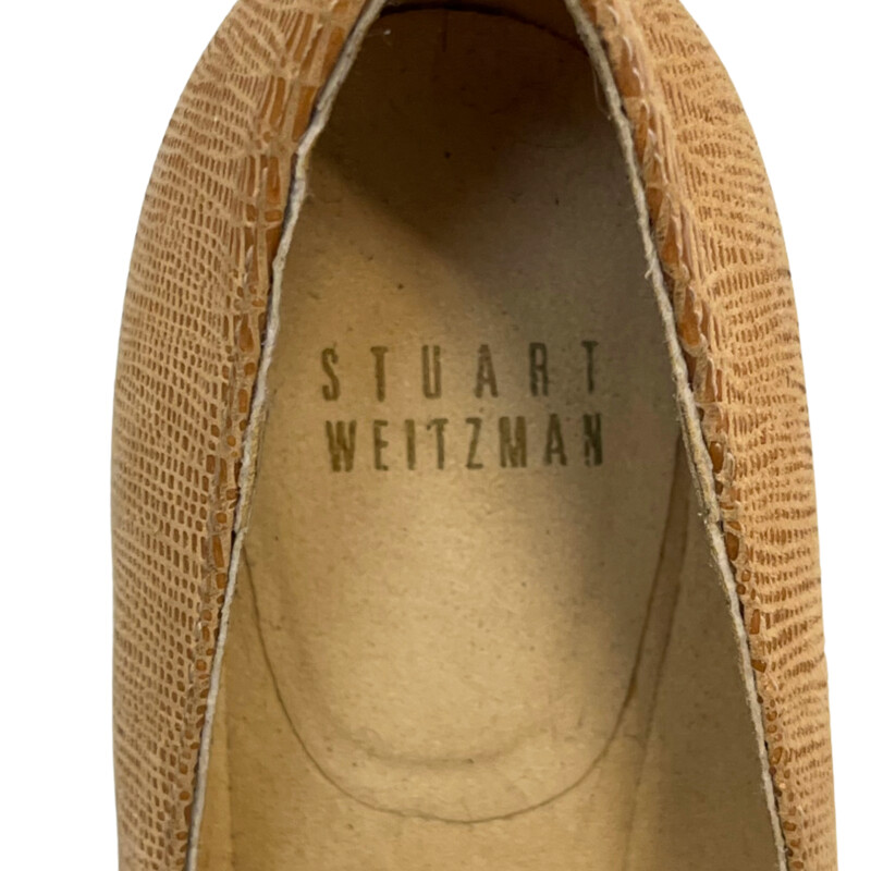 Stuart Weitzman Bucalina Buckle Pumps
Textured Reptile Print
Wedge Heel
Color: Tan
Size: 6.5