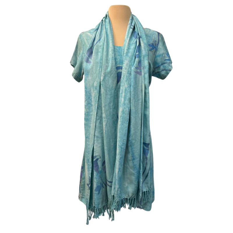 Tropical Tantrum Dress Set<br />
Batik Print<br />
Calla Lily and Butterfly Design<br />
Short Sleeve Dress with Matching Scarf<br />
Drawstring Back for Adjustability<br />
100% Rayon<br />
Colors: Mint, Blue, and purple<br />
Size: Small