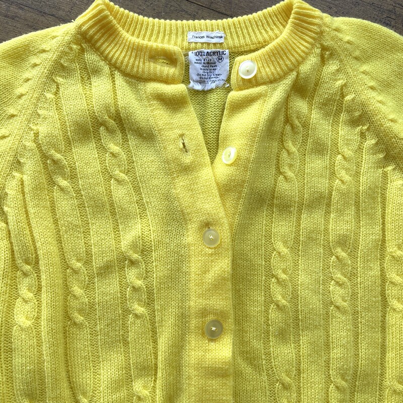 Frances Woschinsk Button Down Cardigan, Yellow, Size: Medium<br />
Price: $12.99<br />
<br />
All sales are final. No returns<br />
<br />
Pick up within 7 days of purchase<br />
Or<br />
Have it shipped<br />
Thank you for shopping with us!