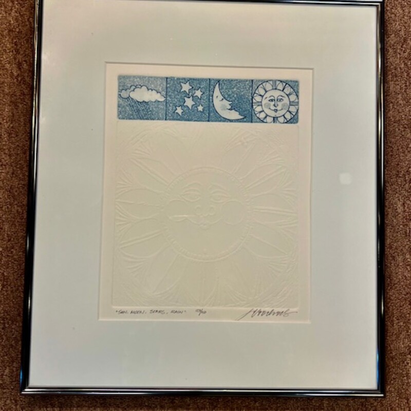 Sun Moon Stars Rain Signed Paper Art
Cream Blue Silver
Size: 15 x 17H