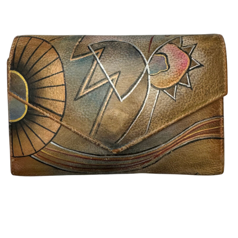 Anuschko Hand Painted Wallet Set<br />
Wallet, Checkbook Cover and Seperate ID Case<br />
All Leather<br />
Tan with Gold