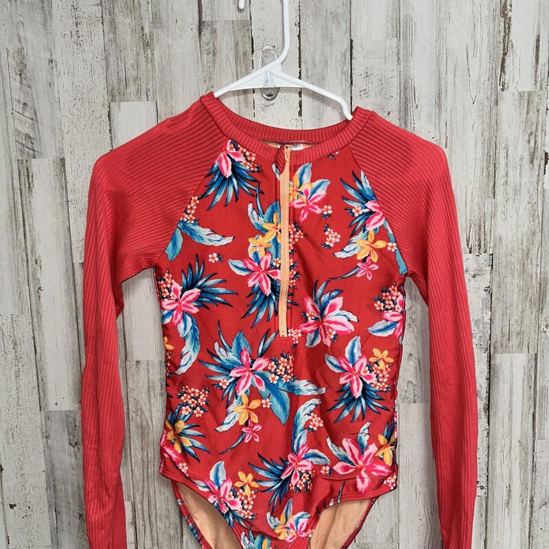10/12 Red Floral Zip Swim, Red, Size: Girl 10 Up