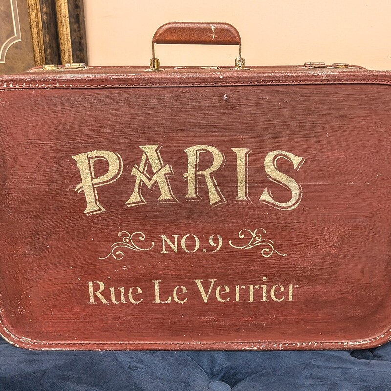 Paris Painted Vintage Suitcase
Brown Tan Red
Size: 21.5 x 7 x 14H