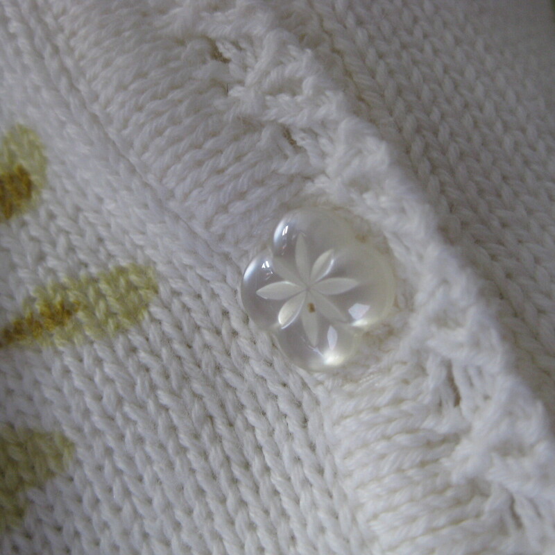 This is a white cotton/acrylic blend cardigan made in Korea.  It has painted flowers growing on all up and down the front, the hem and ends of the sleeves and one of the shoulders in the back.  Some of the flowers have a bit of beading sewn on.   It buttons closed with shaped pearlized buttons.<br />
It's marked size L, should fit pretty true but make sure using the measurements provided.<br />
Here are the flat measurements, please double where appropriate<br />
Shoulder to shoulder: 17.25<br />
Armpit to Armpit: 22.5<br />
Width at bottom: 20<br />
Length: 24<br />
Underarm sleeve seam length: 16.25<br />
Excellent condition, no flaws!<br />
thanks for looking.<br />
#74875