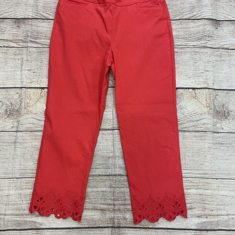 Chicos cropped pant stretchy pull on lace trim aound ankle coral red large (chicos 2)