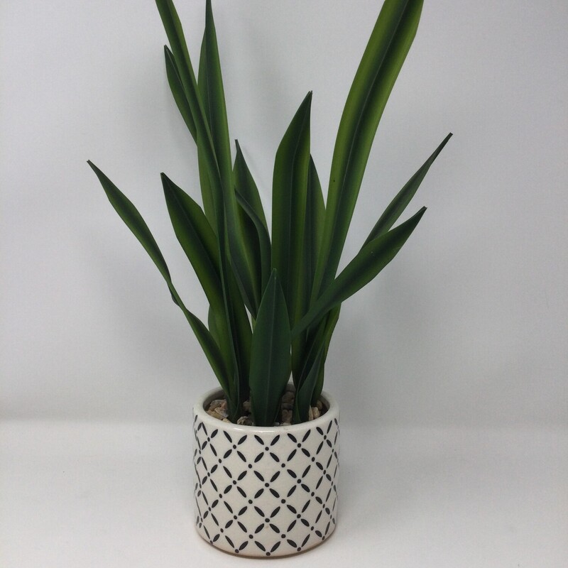 Faux Potted Plant With Geometric Pot,
Green/White/Black,
Size: 5 X 17 In