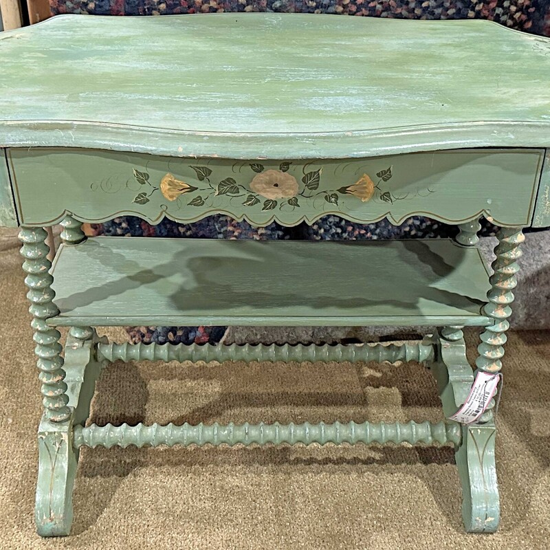 Shabby Green Painted Table with Drawer, Twisted Legs and Shelf
32 In Wide x 18 In Deep x 21.5 In Tall.