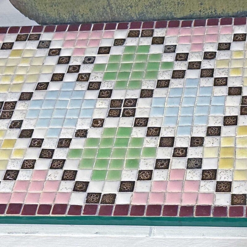 Vtg Mosaic Tile Trivot,
 Size: 16 X 9
Great mosaic tiled trivot; sooo  nostalgic!  Looks like a bigger version of the ones I would make at summer camp.  LOL  Its in great condition with cork on the backside
