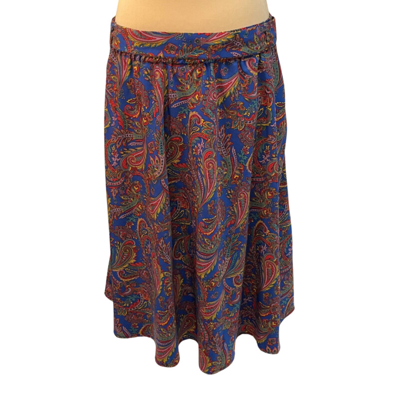 ModCloth Paisley Skirt<br />
Belted and Lined<br />
Side Zip with Pockets<br />
Navy with Red, Yellow, Lilac, and sage Green<br />
Size: XL