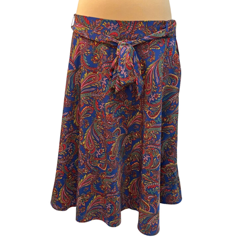 ModCloth Paisley Skirt<br />
Belted and Lined<br />
Side Zip with Pockets<br />
Navy with Red, Yellow, Lilac, and sage Green<br />
Size: XL