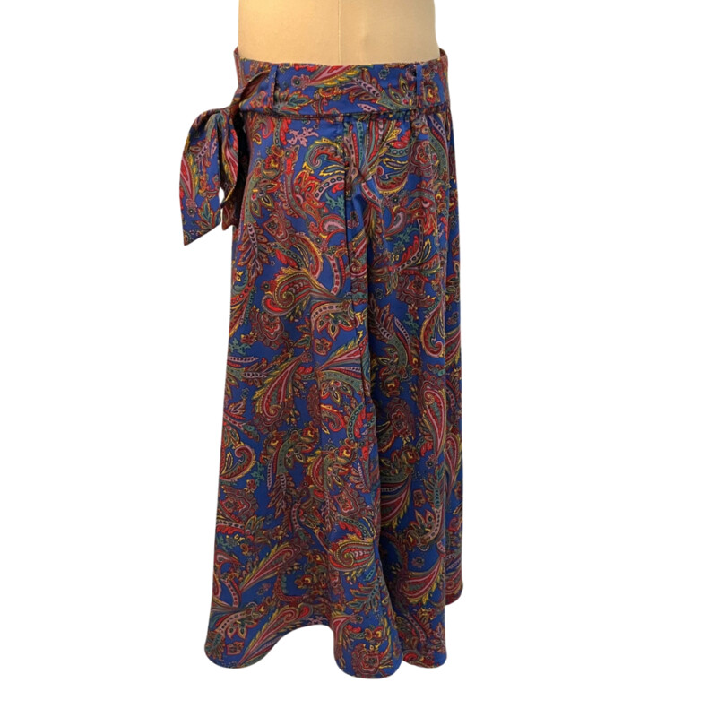 ModCloth Paisley Skirt<br />
Belted and Lined<br />
Side Zip with Pockets<br />
Navy with Red, Yellow, Lilac, and sage Green<br />
Size: XL