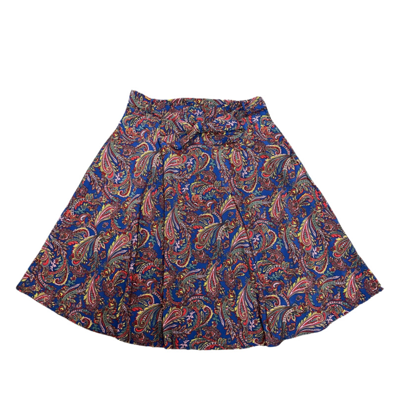 ModCloth Paisley Skirt<br />
Belted and Lined<br />
Side Zip with Pockets<br />
Navy with Red, Yellow, Lilac, and sage Green<br />
Size: XL