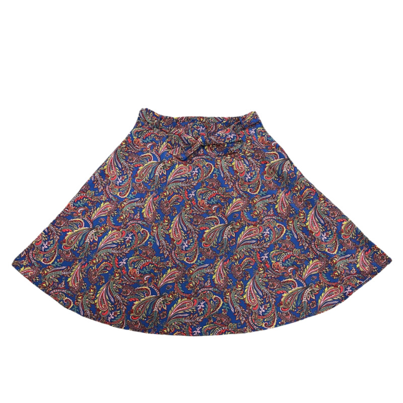 ModCloth Paisley Skirt<br />
Belted and Lined<br />
Side Zip with Pockets<br />
Navy with Red, Yellow, Lilac, and sage Green<br />
Size: XL