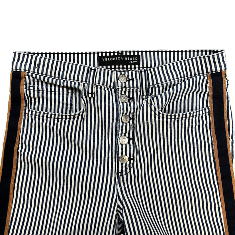 Veronica Beard Striped Jeans<br />
The Carolyn<br />
Baby Boot with Raw Hem<br />
Ribbon Detail On Leg<br />
Navy and White<br />
Size: 10<br />
Retails for $298.00