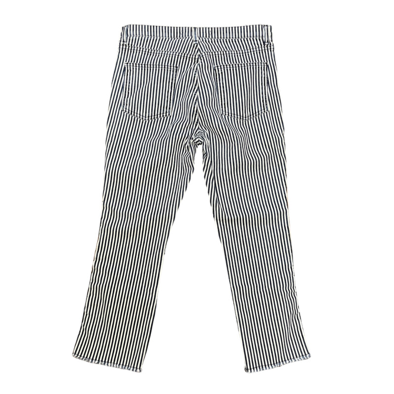 Veronica Beard Striped Jeans<br />
The Carolyn<br />
Baby Boot with Raw Hem<br />
Ribbon Detail On Leg<br />
Navy and White<br />
Size: 10<br />
Retails for $298.00