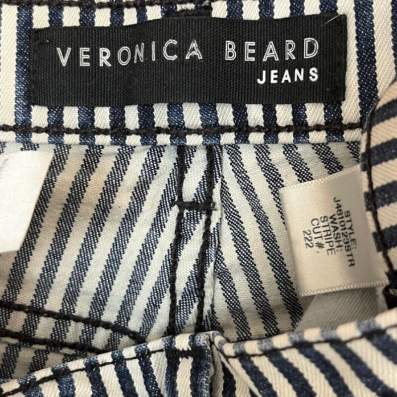 Veronica Beard Striped Jeans<br />
The Carolyn<br />
Baby Boot with Raw Hem<br />
Ribbon Detail On Leg<br />
Navy and White<br />
Size: 10<br />
Retails for $298.00