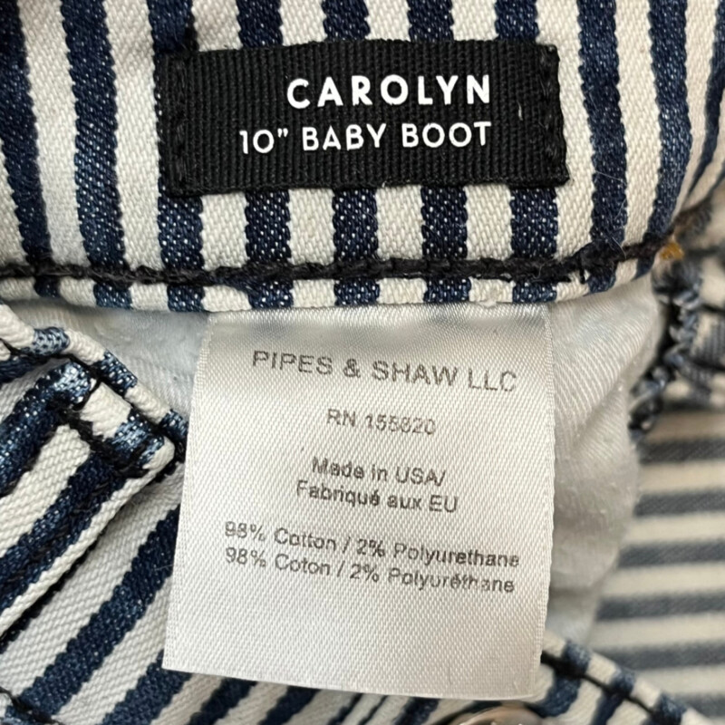 Veronica Beard Striped Jeans<br />
The Carolyn<br />
Baby Boot with Raw Hem<br />
Ribbon Detail On Leg<br />
Navy and White<br />
Size: 10<br />
Retails for $298.00