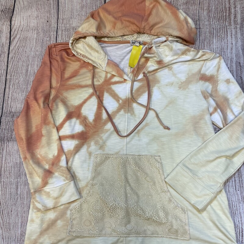 one world tie dyed yellow longer hoodie kangaroo pocket. Has lace inside of the  hood and on the front of the pocket.