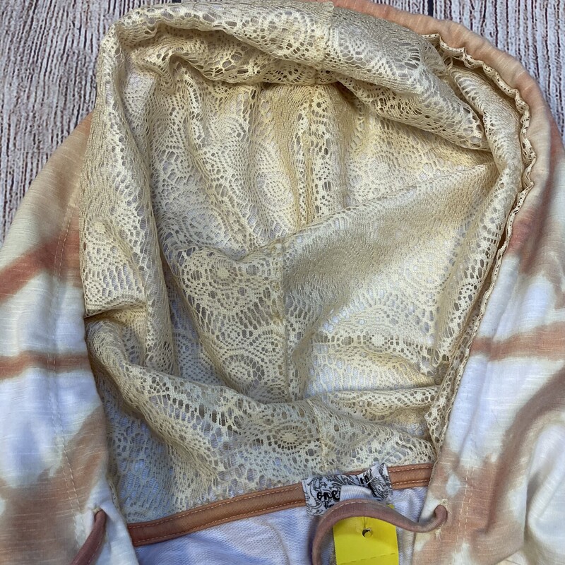 one world tie dyed yellow longer hoodie kangaroo pocket. Has lace inside of the  hood and on the front of the pocket.