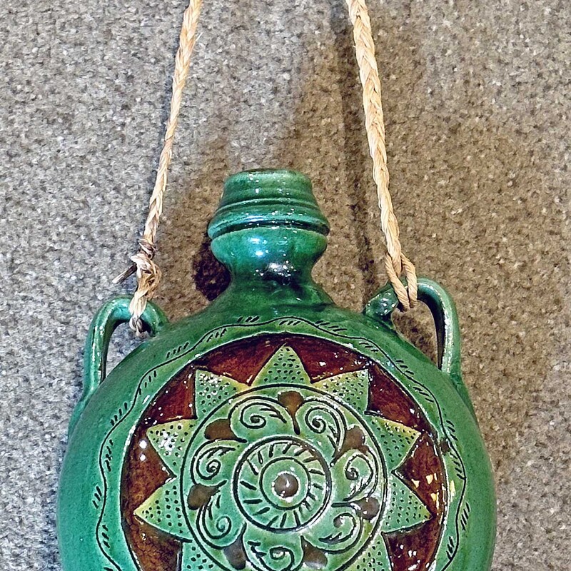 Green Spanish Ubeda Pottery Flask with Rope
10 In x 8 In.