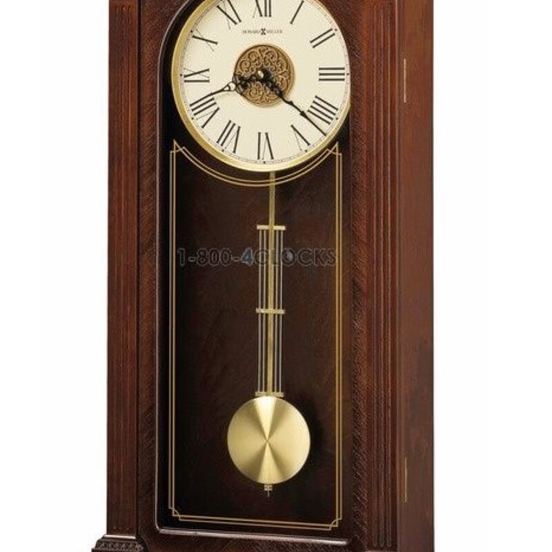 Howard Miller Sinclair Wall Clock
Brown Wood
Size: 14x6x28H
Circular brushed brass-finished grid pendulum.
The off-white dial features black Roman numerals, a brushed brass-tone bezel, and black serpentine hour and minute hands.
Quartz, battery-operated, triple-chime Harmonic movement plays choice of full Westminster or Ave Maria chimes with strike on the hour with 1/4, 1/2, and 3/4 chimes accordingly; Westminster chime and strike on the hour only; or Bim Bam chime on the hour only.
Volume control and automatic nighttime chime shut-off option. Requires two C sized batteries
Retail $649