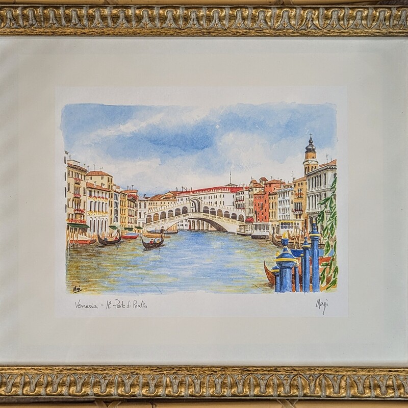 Venezia Le Pante Di Rialto Watercolor Painting
Blue White Gold Size: 15.5 x 13H