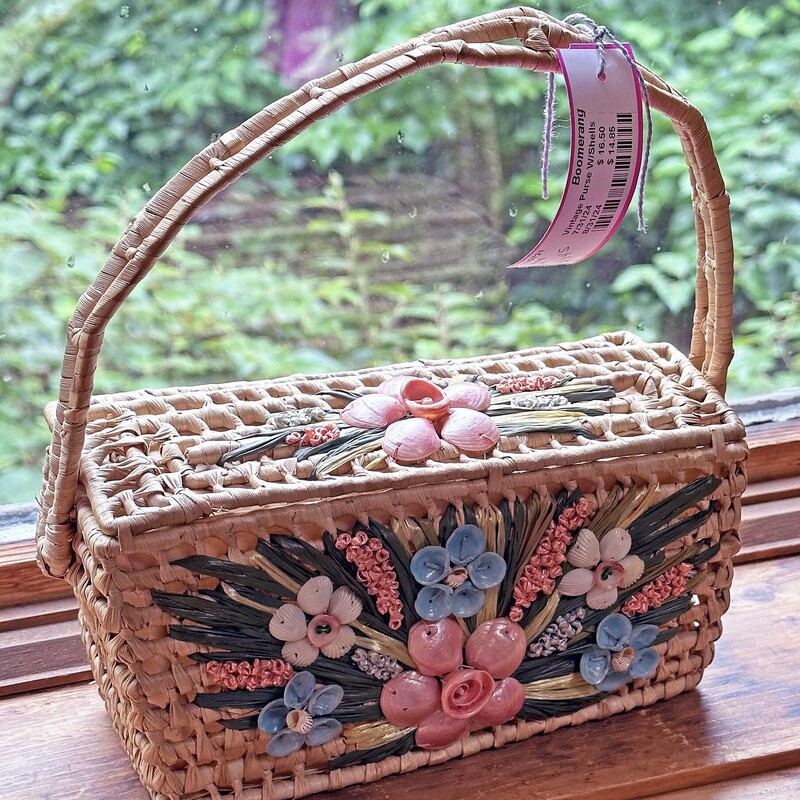Small Vintage Woven Basket Purse with Shells Decor
9 In Wide x 4.3 In Deep